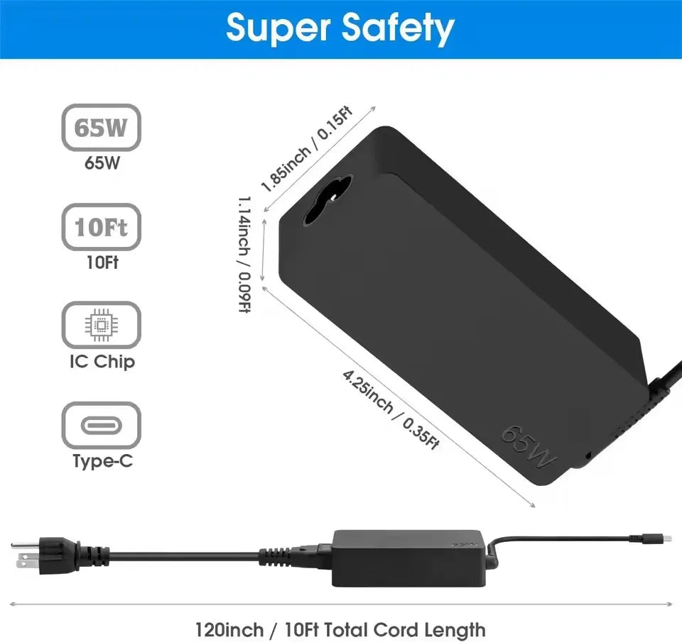 65W 20V 3.25A USB C Laptop Charger Adapter for Lenovo ThinkPad Hp Chromebook Yoga Huawei Xiaomi ASUS Type C Power Adapter