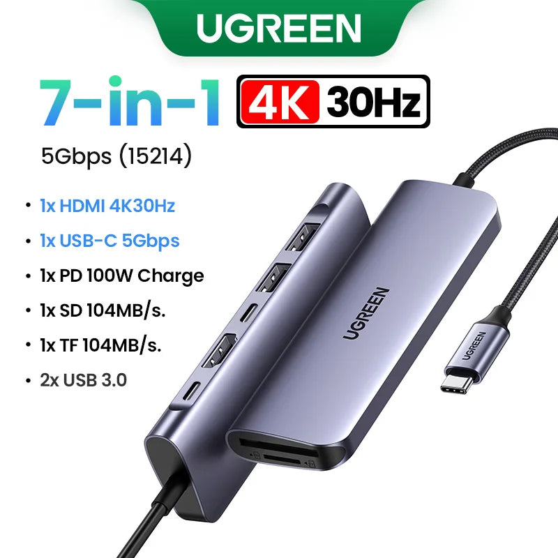 UGREEN USB C HUB 4K60Hz 7-in-1 Type C to HDMI PD100W SD&TF RJ45 USB3.0 5Gbps for MacBook Laptop USB Splitter Docking Station