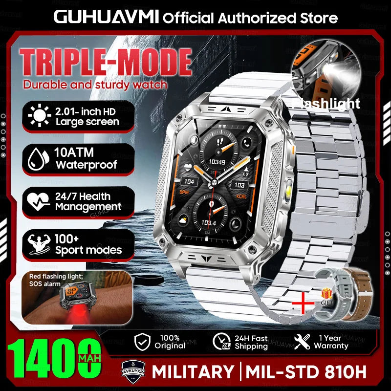2026 New 1400mAh Large Battery Military Outdoor 2.01 inches Smart watch Men 10ATM Waterproof Bluetooth Call Sports Smart Watch