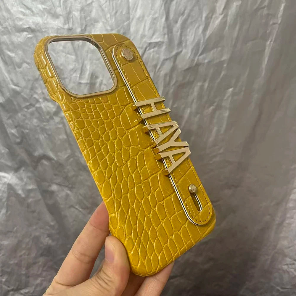 Holding Strap Personalised Custom Name Gold Metal Letters Leather Phone Case For Iphone 14 13 12 17 Pro Max 16promax Cover
