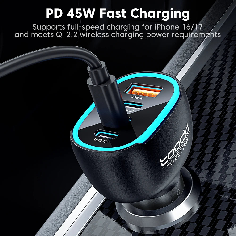 Toocki 120W Mini Car Charger Qi2.2 45W Max USB C PD PPS QC Fast Charging LED Light Zinc Alloy Phone Charger for iPhone17 Samsung