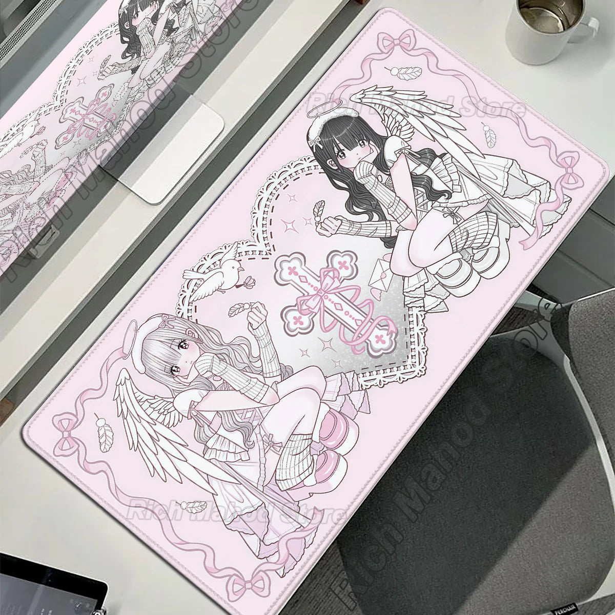 Anime Cute Angel Girls Mouse Pad Laptop Gaming Extended Desk Mat PC Kawaii Gamer Cabinet Mousepad XXL Keyboard Rug Pink Carpet
