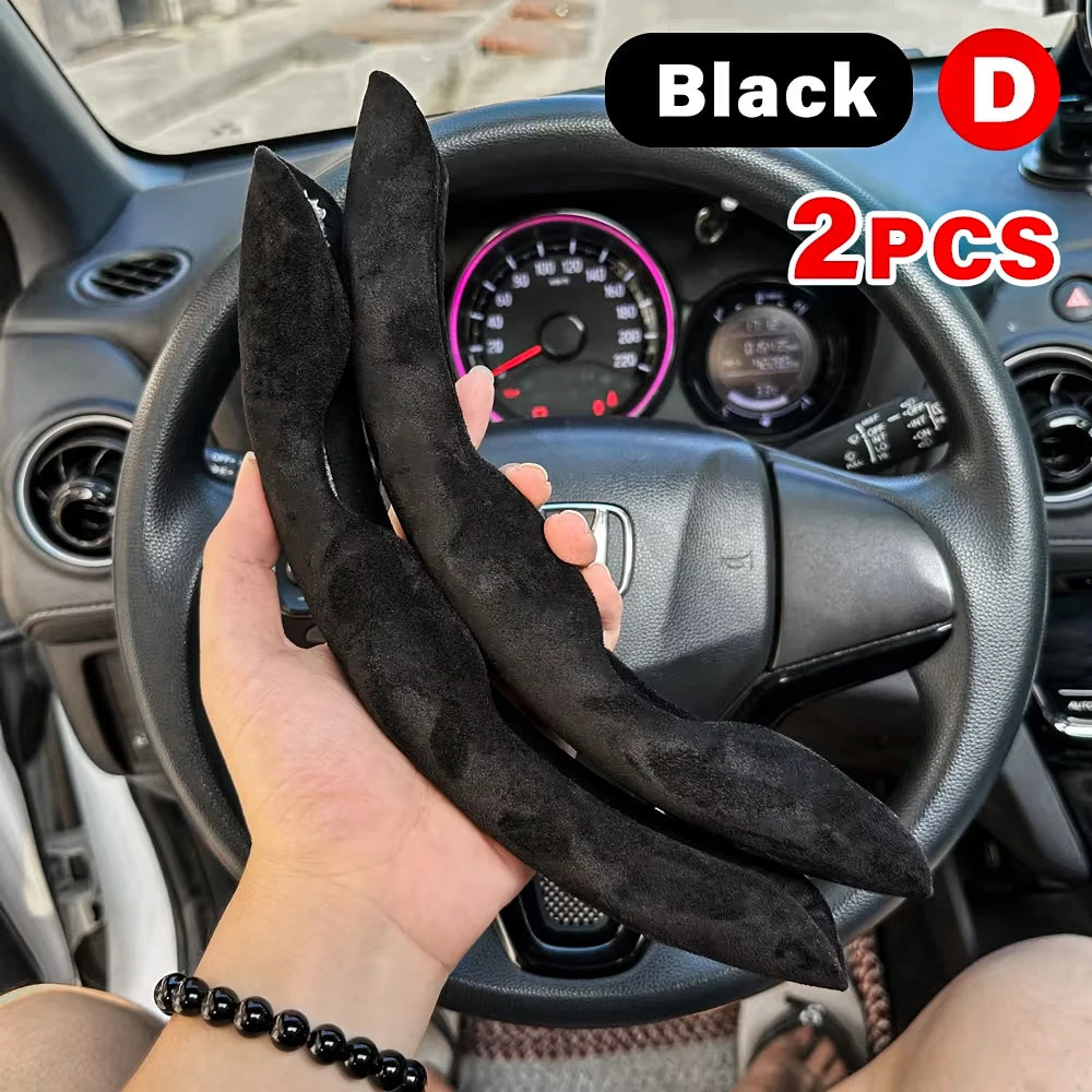 2PCS Universal Round Car Steering Wheel Cover Winter Fur Warm Carbon Fiber Leather Anti-slip Protective Case Luxury Accessories