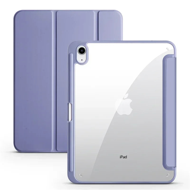 For iPad 10th Gen Case with Pen Holder Trifold Acrylic Clear Back Hard Cover For iPad 10.2 9.7 Air 11 5 4 iPad 11 A16 10 9 Case