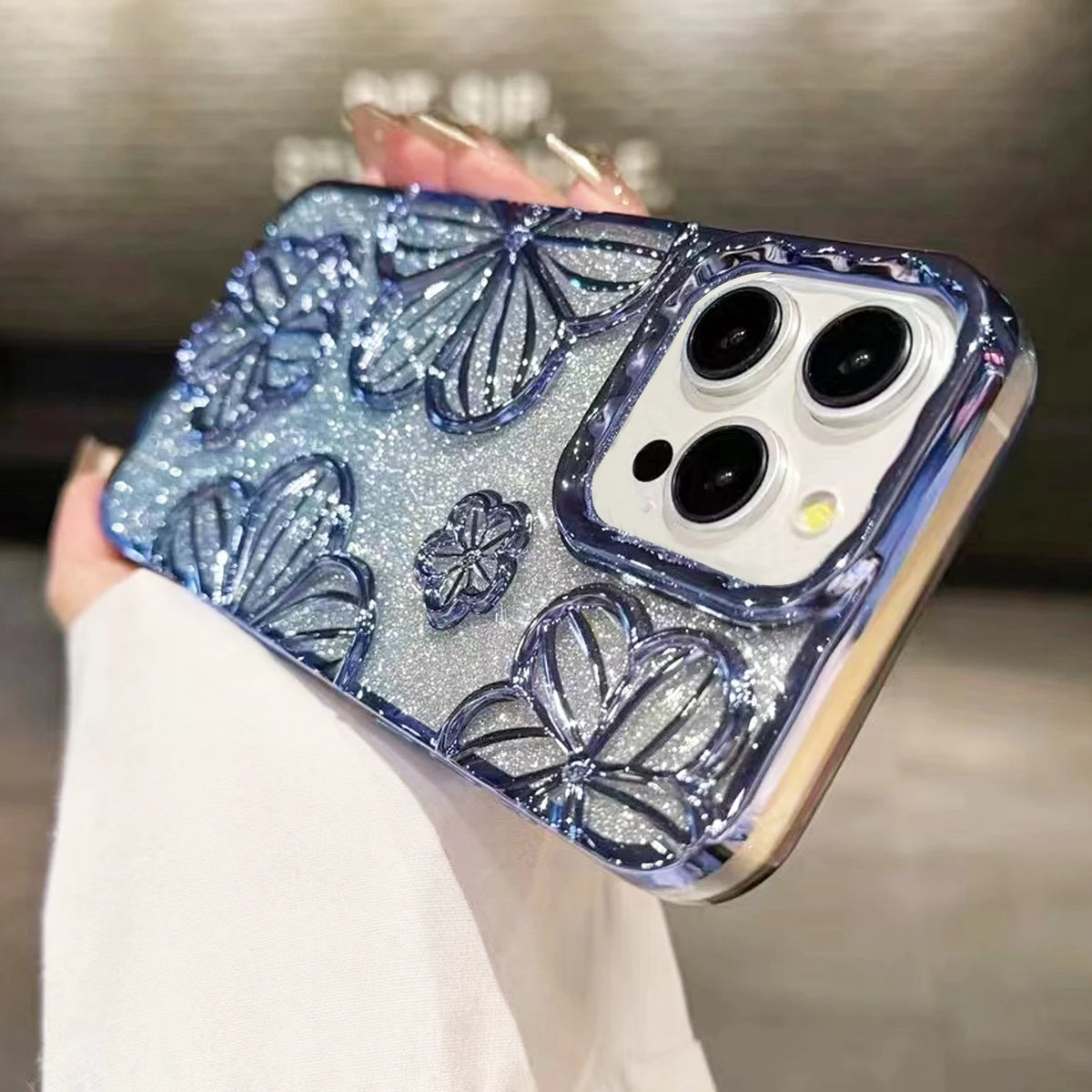 Glitter Plating Retro Leaking 3D Oil Painting Flower Anti-fall Phone Case for iPhone 11 12 13 14 15 16 17 Pro Max Back Cover