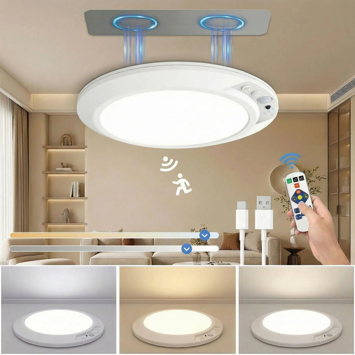 Motion Sensor Ceiling Light USB Type-C Rechargeable Magnetic Lamp Wireless Wall Lamp Remote LED Night Light For Kitchen Coatroom