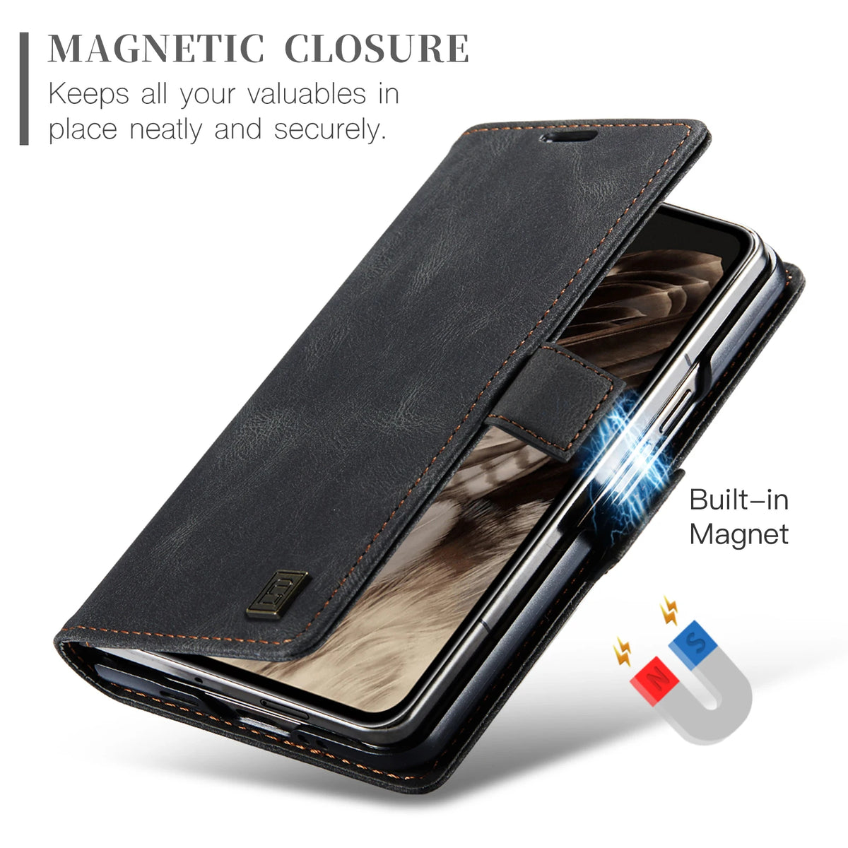 AUTSPACE Skin Feel Retro Leather Wallet Case for Google Pixel Fold Card Slots Holder Magnetic Clasp Folding Protective Case
