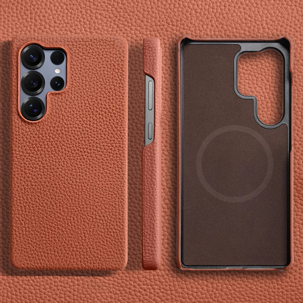 for Magsafe Case for Samsung Galaxy S26 S24 S25 Ultra Plus Natural Cowhide Leather Magnetic Protector Luxury Phone Back Cover