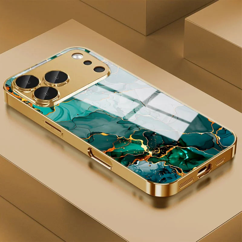 Green Gold Dali Texture Tempered Glass Phone Case For iPhone 17 Pro Max 14 15 16 Plus 11 12 13 Pro Max 16E 17Air Protect Cover