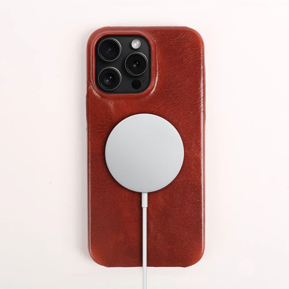 Business Genuine Leather Case for iPhone 16 Pro Max 14 13ProMax 12 11 Magnetic Magsafe Premium Cowhide Phone Cover Back Coque