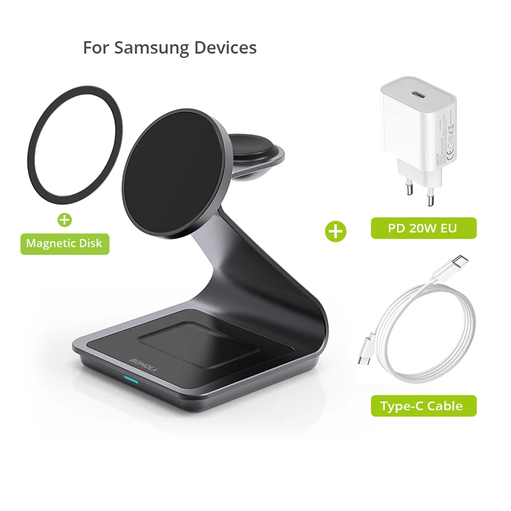 Bonola Magnetic 3 in 1 Wireless Charger Station for Samsung S24 Ultra/S25/26 Fast Charging Stand for Galaxy Watch 8/7/6/Earbuds