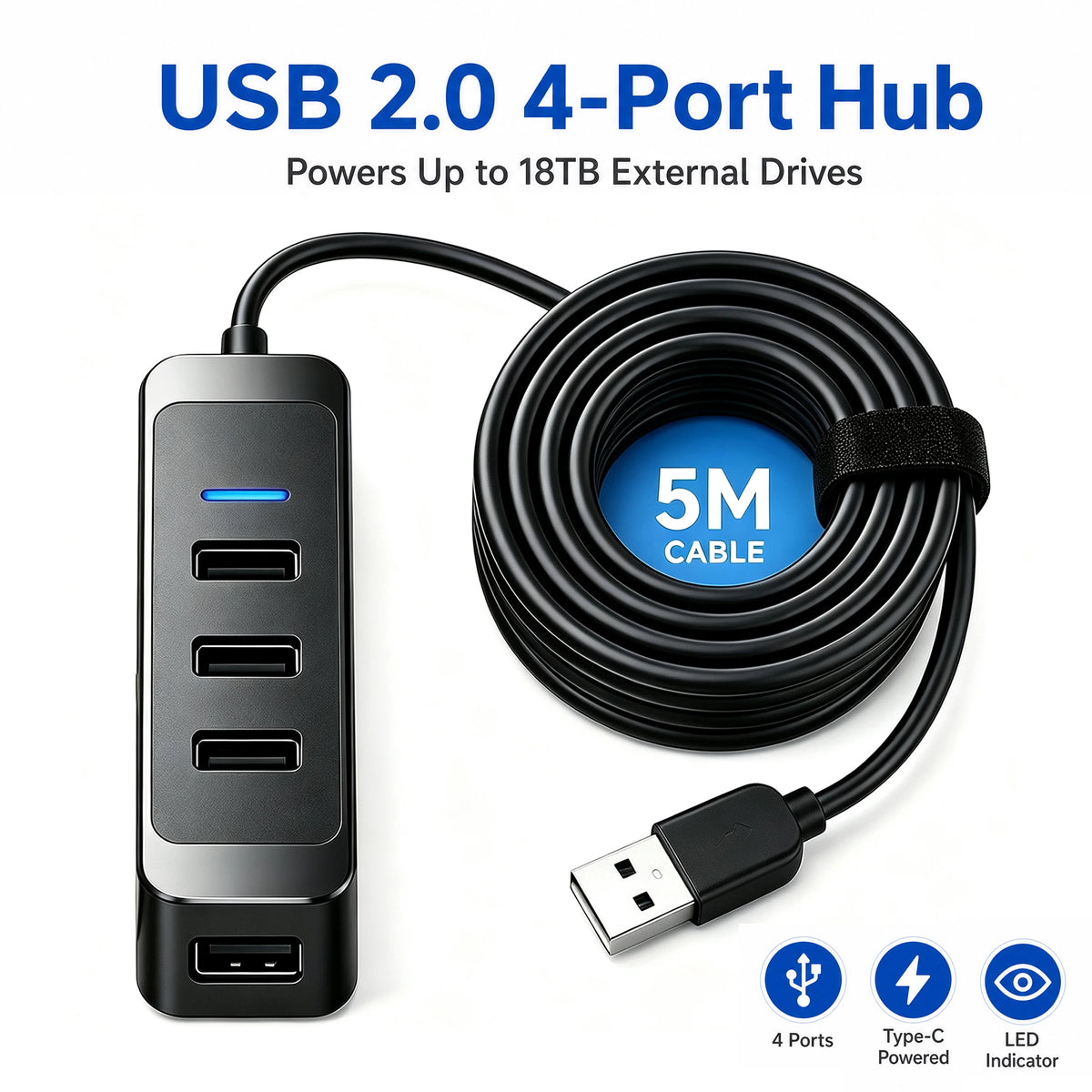 4 Port USB 2.0 Hub 5V 2A Powered USB Splitter 1M 3M 5M 10M 15M Long Cable Multi USB Port Extender for Laptop External Hard Drive