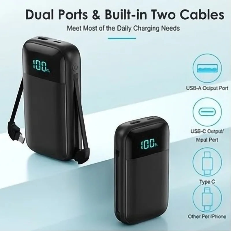 13800mAh Power Bank Built-in Cables 18W PD Fast Charging Portable Charger LCD Digital Display 4 Outputs Battery Pack for iPhone 17 16 15 14 13 Pro Max Samsung Galaxy S26 S25 S24 Ultra Google Pixel Tablet