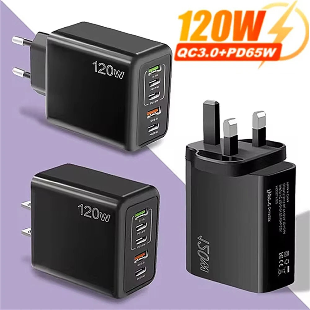 120W 5 Ports USB Charger Type C Fast Charging Mobile Phone Travel Wall Adapter For iPhone 15 Samsung Xiaomi Huawei EU/US/UK Plug
