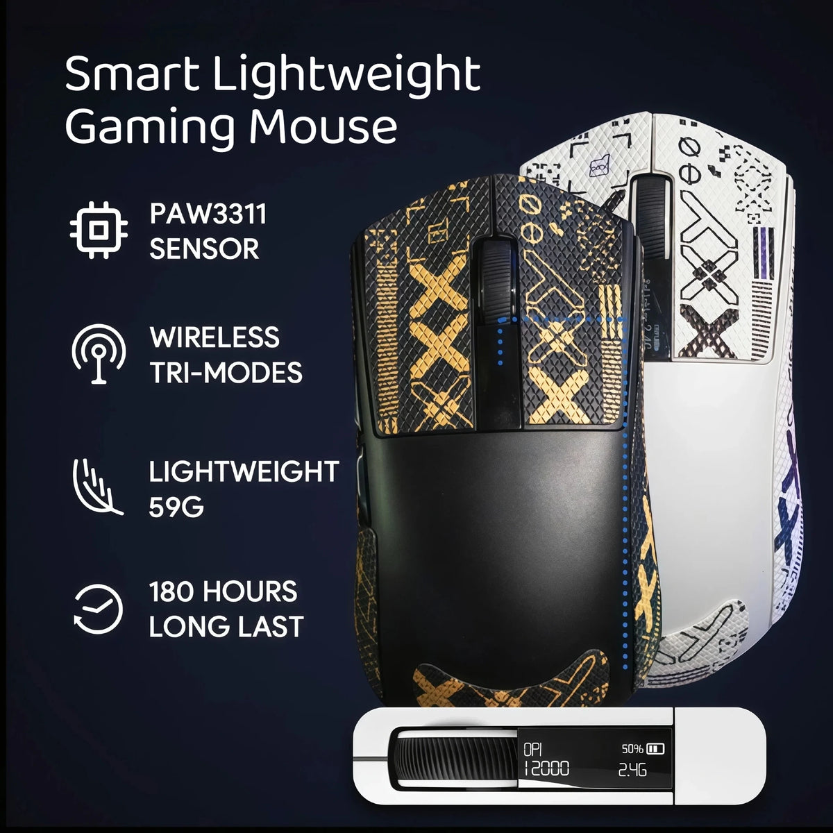 59g/64g Lightweight Wireless Gaming Mouse 12000DPI PAW3311 Triple Mode RGB Magnetic Charging Dock LED Display Rechargeable Gaming Mice