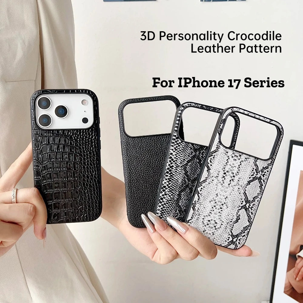 Snake Lichi Pattern Leopard Print PU Leather Case for IPhone 17 Air 16 15 14 Plus Pro Max Shockproof Rugged Protector Back Cover