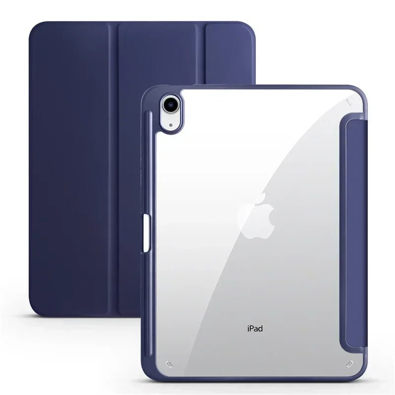 For iPad 10th Gen Case with Pen Holder Trifold Acrylic Clear Back Hard Cover For iPad 10.2 9.7 Air 11 5 4 iPad 11 A16 10 9 Case
