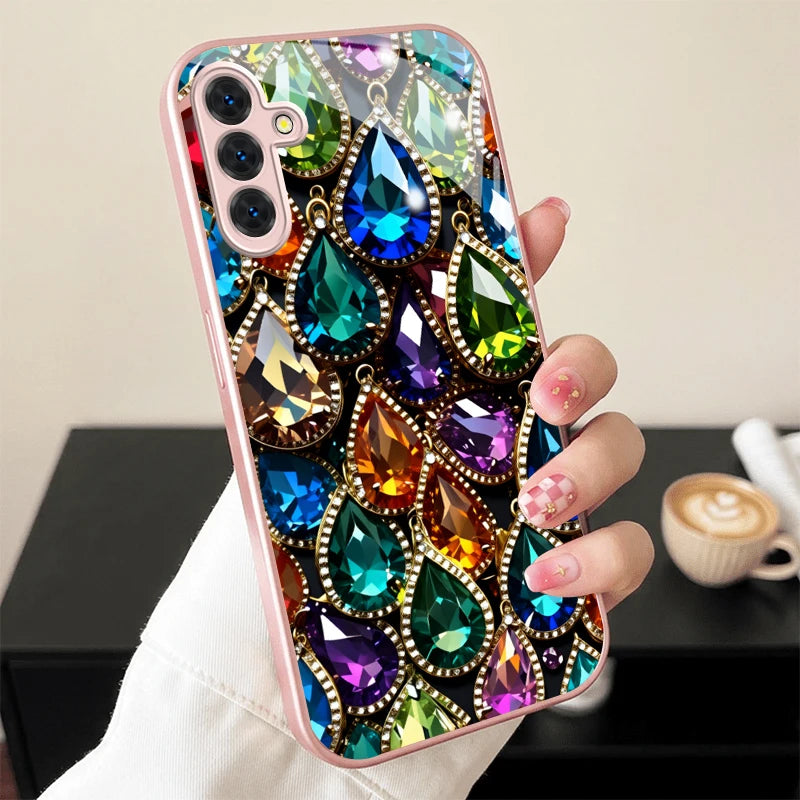 Colorful Teardrop Gem Pink Metallic Glass Phone Case For Samsung Galaxy S26 S25 S24 S23 Ultra Plus FE S8 S9 S10 Note8 9 10 Cover