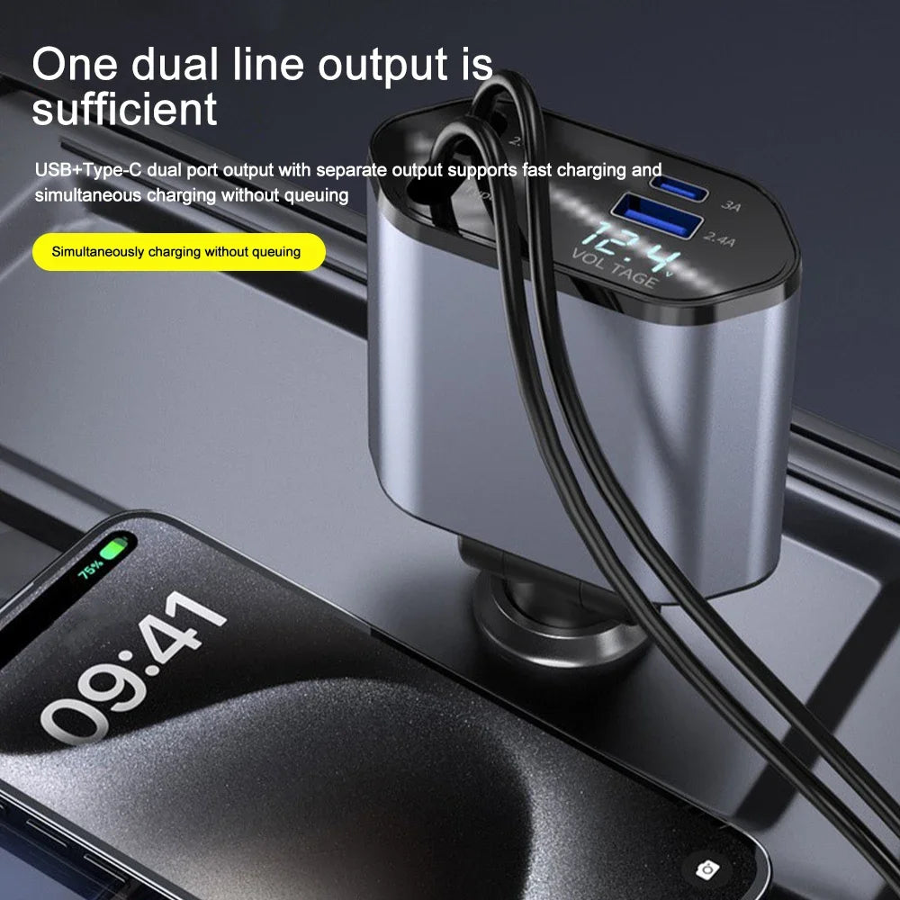 Car Charger Adaptor 120W Fast Charge USB Type C Fast Charger Cable with Retractable Cords Fit for iPhone 16/15/14/13/12 Samsung