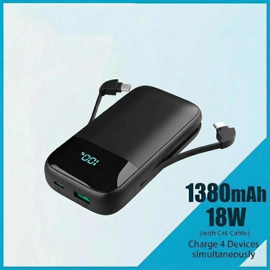 13800mAh Power Bank Built-in Cables 18W PD Fast Charging Portable Charger LCD Digital Display 4 Outputs Battery Pack for iPhone 17 16 15 14 13 Pro Max Samsung Galaxy S26 S25 S24 Ultra Google Pixel Tablet