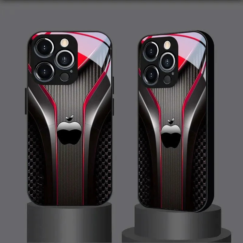 Red Carbon Fiber For Apple Pattern Glass Black Phone Case For iPhone 17 16 15 14 13 12 11 Pro Max 17 Air 7 8 Plus XR XS X Cover