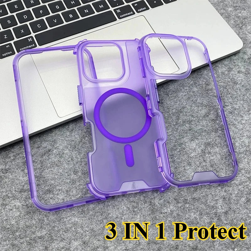 Trendy 3IN1 Magnetic Shockproof Case for IPhone 17 16 15 14 13 12 Pro Max Frosted Slim Clear Translucent Wireless Charging Cover