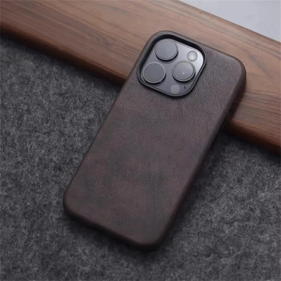 Retro Crazy Horse Leather for MagSafe Case For iPhone 18Pro 15 14 13 12 17 Pro Max Simple Leather Texture Magnetic Phone Case