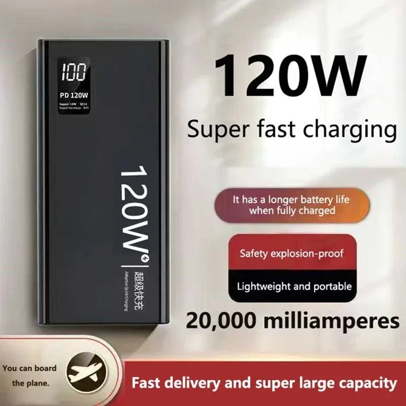 VIVO 120W 500000mAh Power Bank Built in 4 Cables Large Capacity Fast Charging Portable External Battery for iPhone Samsung New
