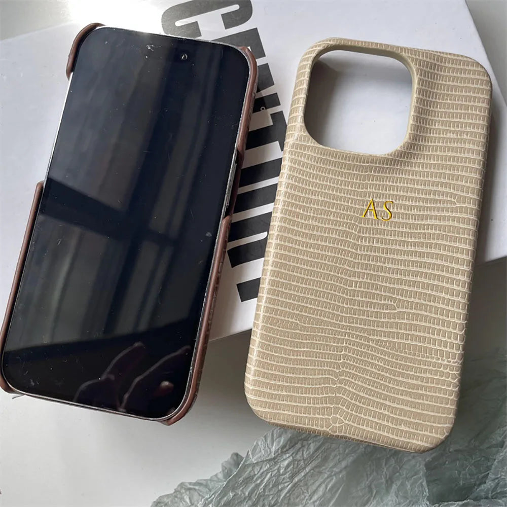 Personalise Gold Silver Initials Letters Leather Case For Iphone 15 12 14 13 16 17Pro Max 14 16 Plus Luxury Lizard PU Hard Cover