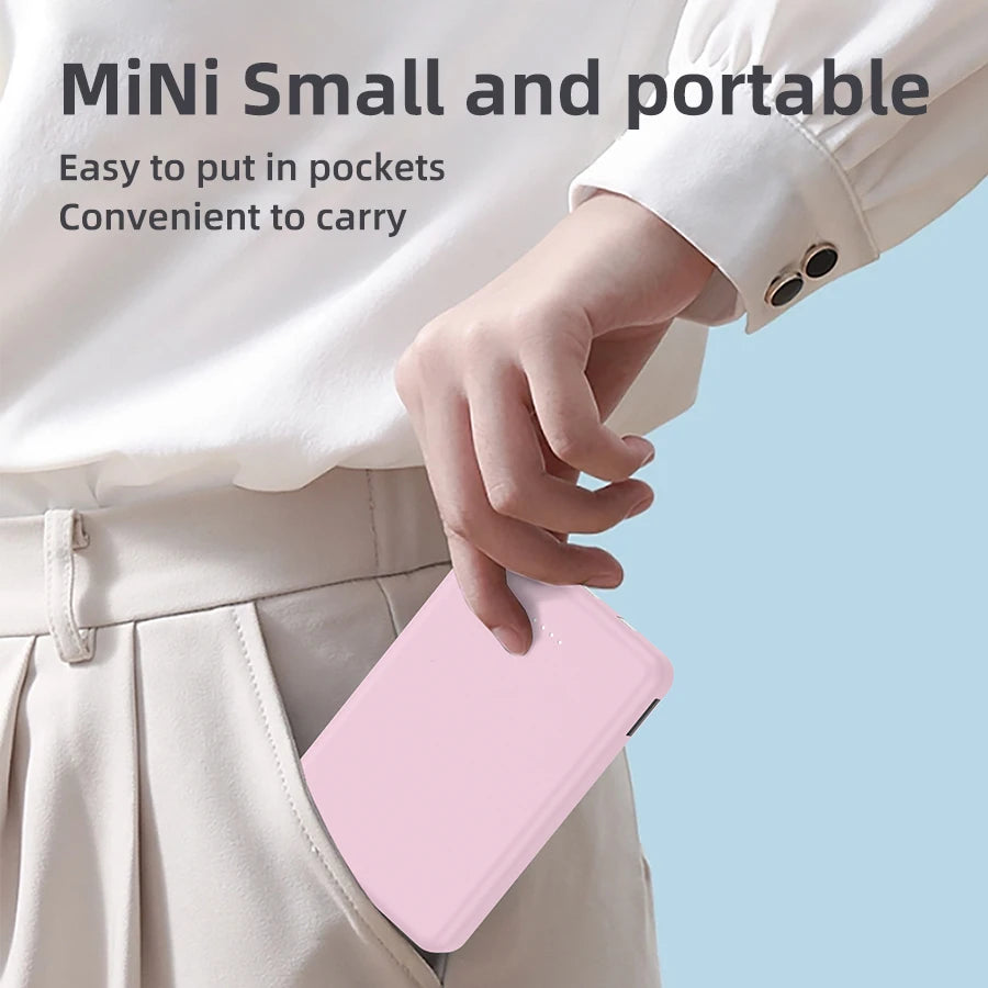 Mini 5000mAh Portable Power Bank With Built-in LED Digital Display, 1 USB-A Port and 3 Integrated Charging Cords, Ultra Compact External Battery Pack, Support Multiple Devices Simultaneous Charging Compatible With Android Sm