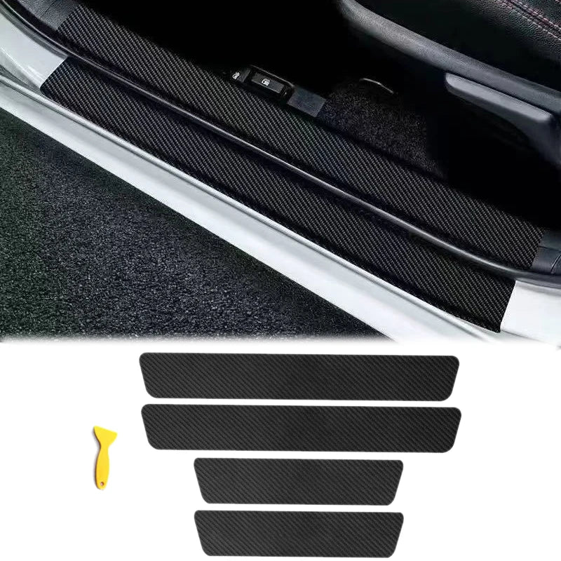 4pcs Thick Car Door Plate Protective Stickers Carbon FiberLeather Car Sticker Sill Scuff Cover Anti Scratch Decal