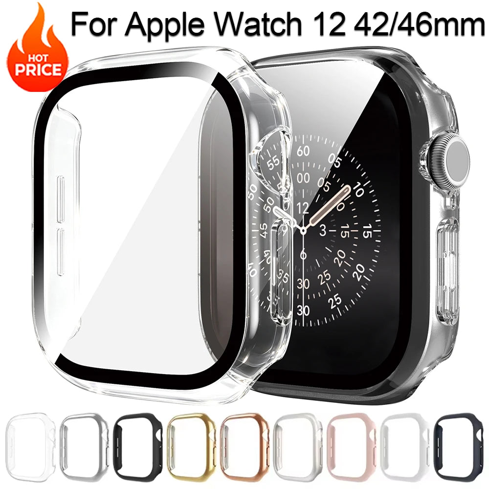 Tempered Glass PC Case for Apple Watch 12 46mm Hard Bumper Screen Protector Cover for Iwatch Series 12 42mm Shell Accessories