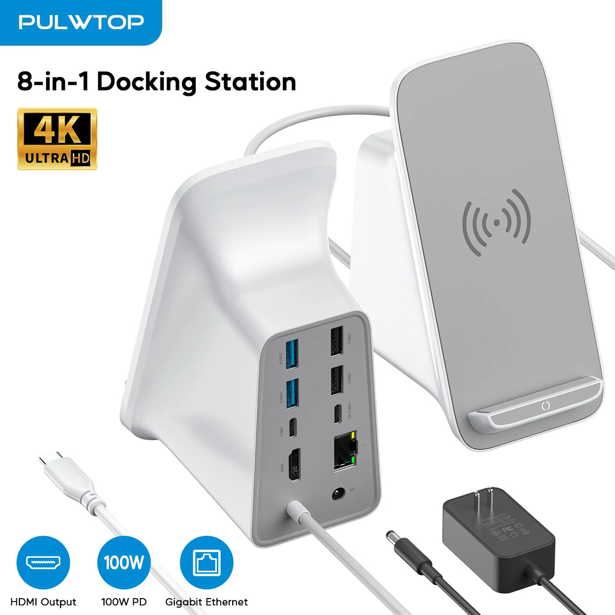 PULWTOP 8-IN-1 Laptop Docking Station, 10W Max Wireless Charging Pad, 4K@60Hz HDMI Display ,5 USB Ports PD100W RJ45, 36W DC