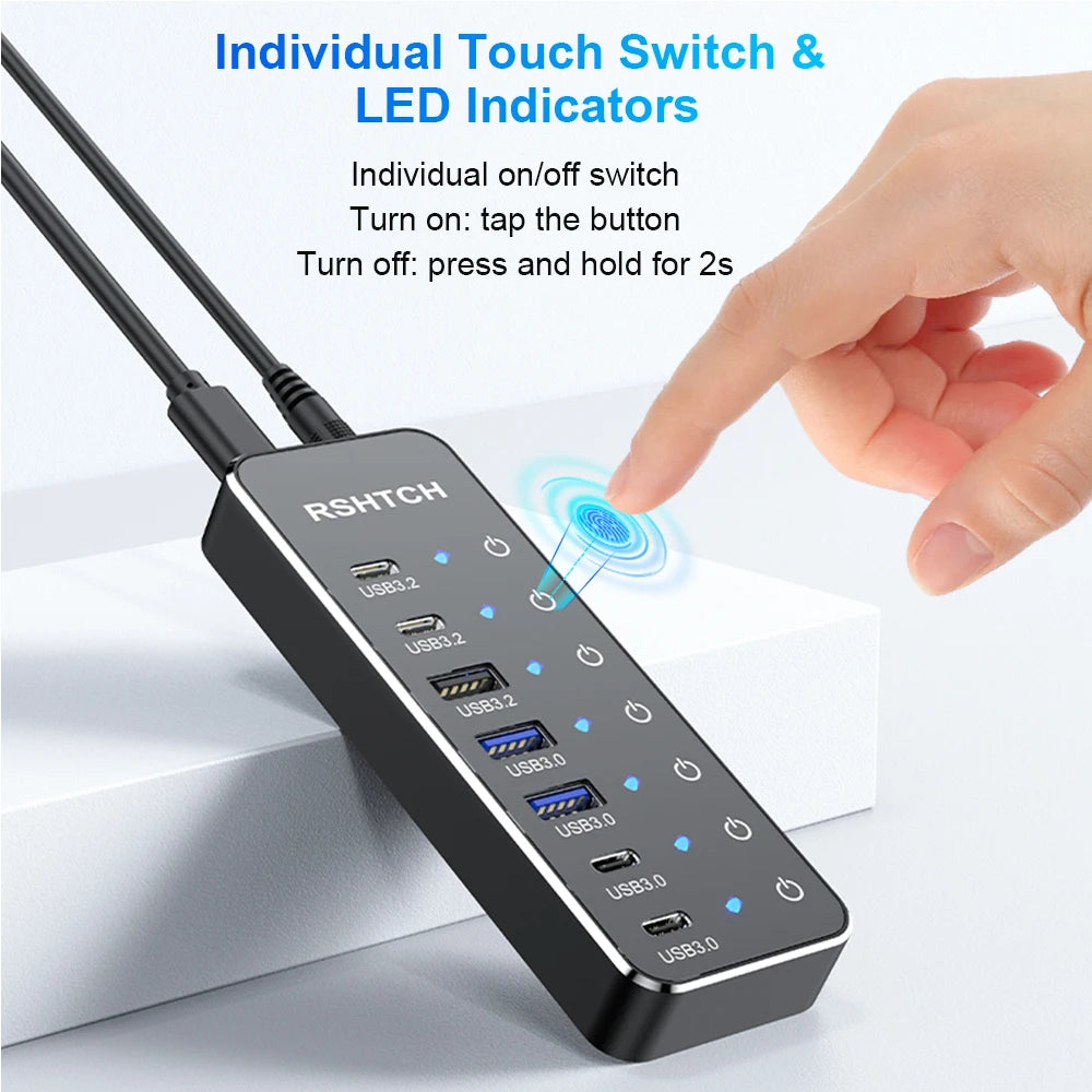 RSHTECH 7-IN-1 USB Hub 10Gbps Data Transfer Individual Touch Switches USB-C Extension Splitter for Laptops Computer Accessories