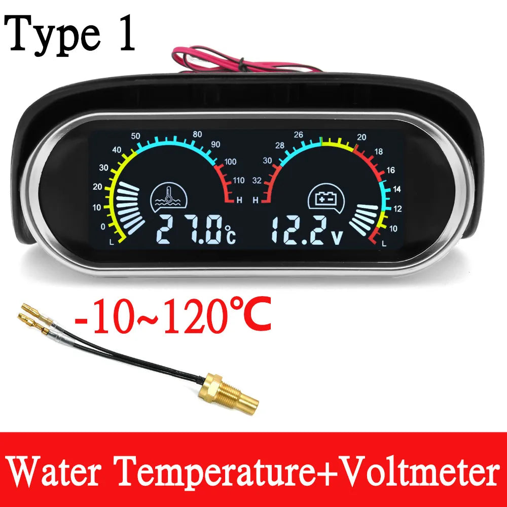 12V/24V 2 IN 1 Car Truck LCD Gauge Water Temperature Gauges +Voltmeter With 1/8 NPT Temp Sensor Water Temp Meter for Auto Cars