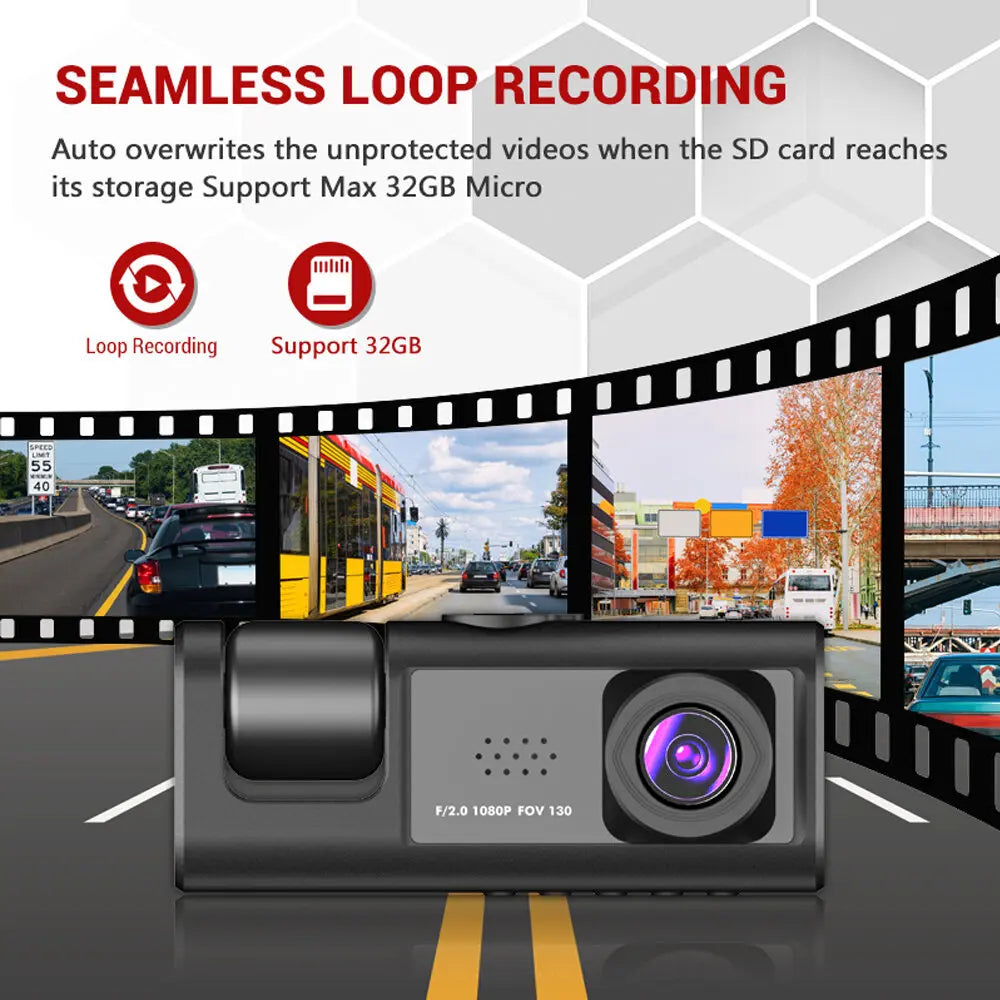 Dash Cam W/ IR Night Vision Loop Recording & 2" IPS Screen 1080P 3 Camera , DVR recorder, video recorder, Vehicle DVR