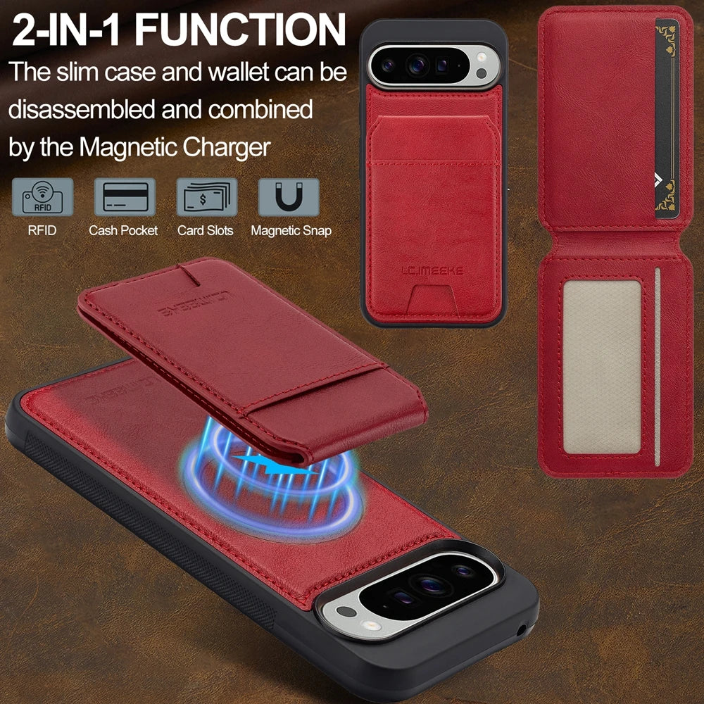 2 in 1 Leather Case for Google Pixel 10 10Pro 10A 9 9Pro 9A 8 8Pro 8A 7 7A Pro XL ProXL Cards Bag Wireless Charging Phone Cover