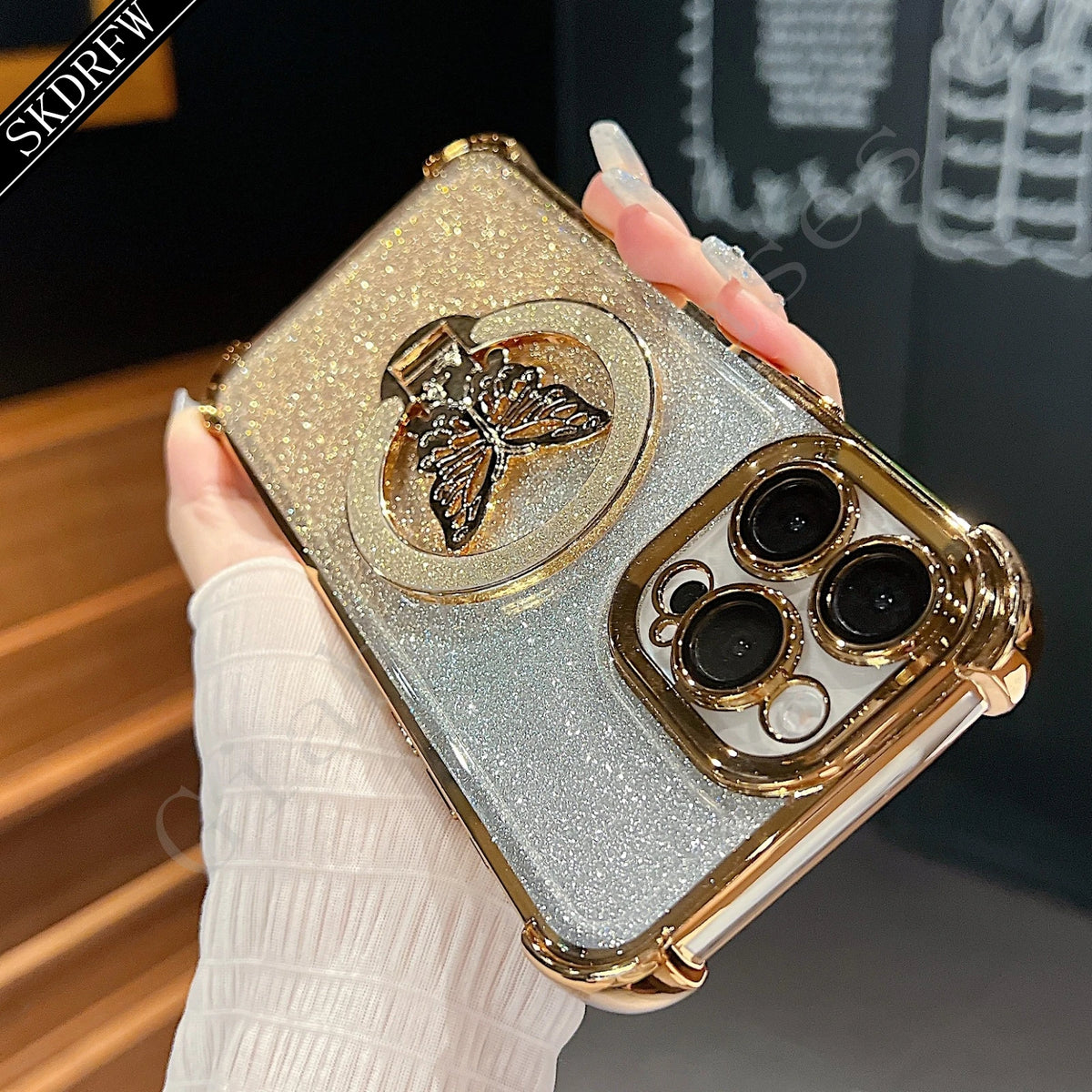 Luxury Butterfly Glitter Holder With Lens Film Phone Case For iPhone 11 12 13 14 15 16 17 Pro Max Plus Four Corner Anti Fall