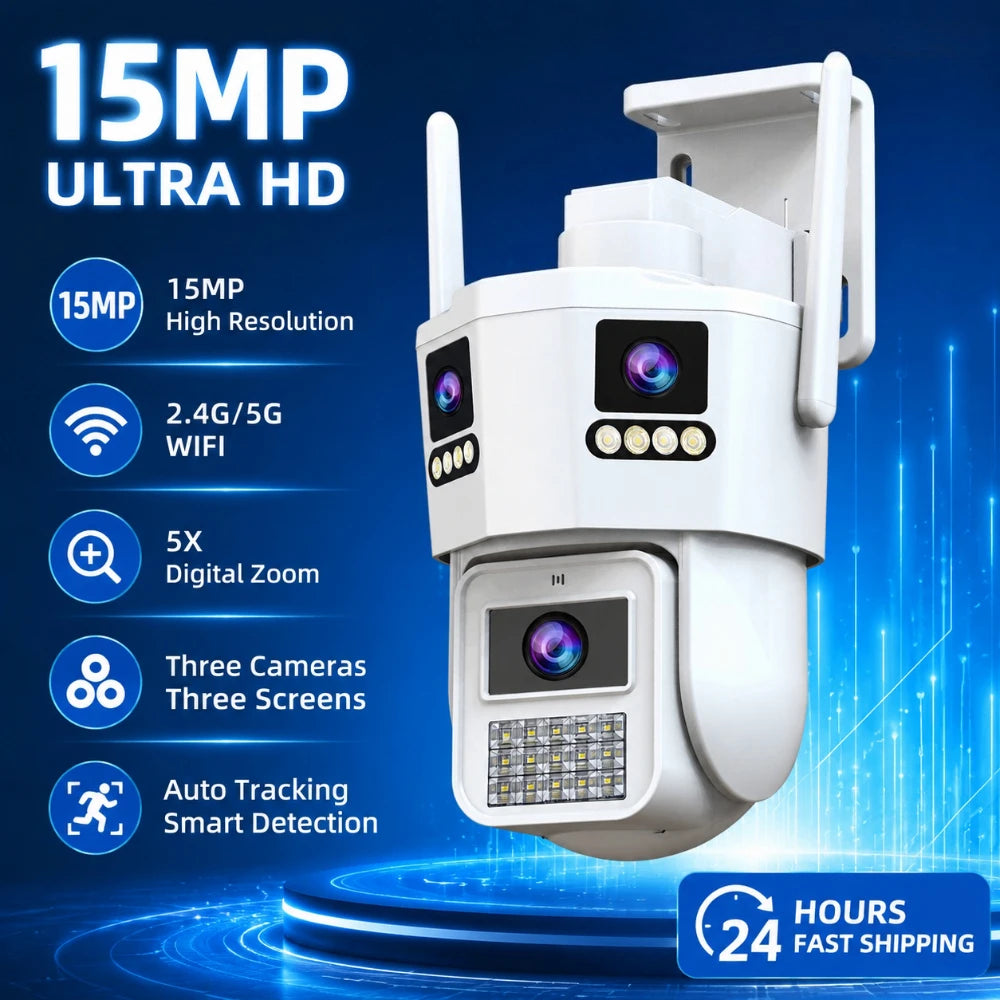 JOOAN 15MP Three Lens IP Camera PTZ Outdoor Three Screen Night Vision 5G WiFi Security Camera Auto Tracking CCTV Camera