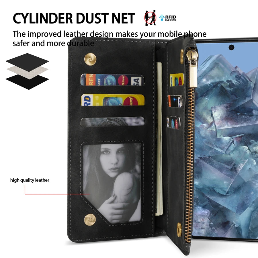 Wallet Multi-card Slot Zipper Magnetic Flip Leather Case For Google Pixel 10 Pro XL 9a 9Pro 8a 8 7Pro 7a 6Pro 6a Cover Shell