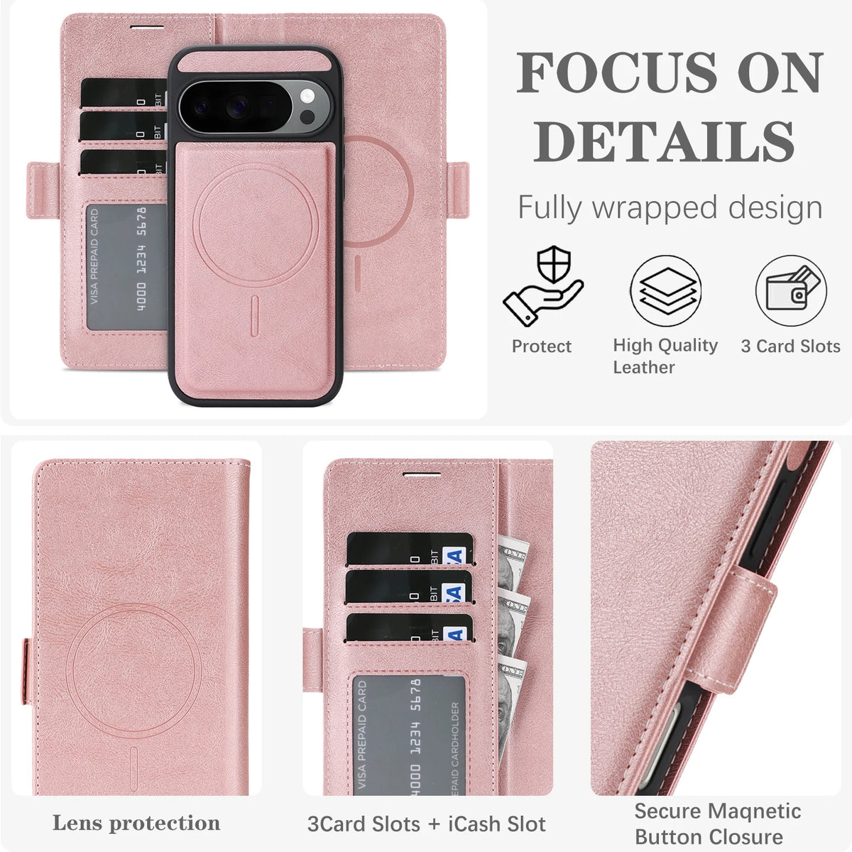 2 In 1 Leather Case For Google Pixel 9 9a 9Pro 10 Pro 10Pro XL Cash Card Slots Wireless Charging Magnetic Wallet Phone Cover