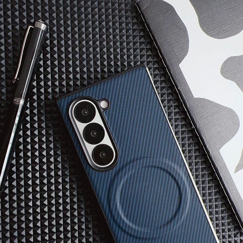 Carbon Fiber Pattern PU Leather For Magsafe Magnetic Case For Samsung Galaxy Z Fold 6 4 5 3 Fold6 Fold4 Fold5 Fold3 Back Cover