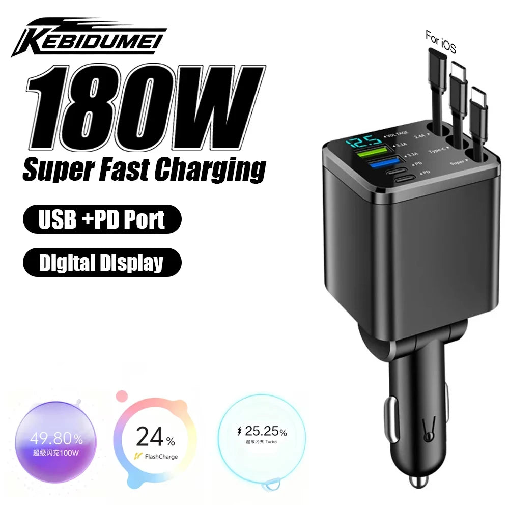 KEBIDUMEI 180W Car Charger PD30W USB 3.1A Phone Charger Digital Display Fast Charging Retractable Cable Adapter Auto Accessories
