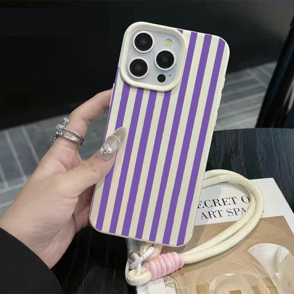 Couple Stripes Hand Wrist Strap Phone Case For iPhone 17 13 11 12 Pro Max Plus 15 14 16 XR XS 17 Air With Lanyard SIlicone Cover