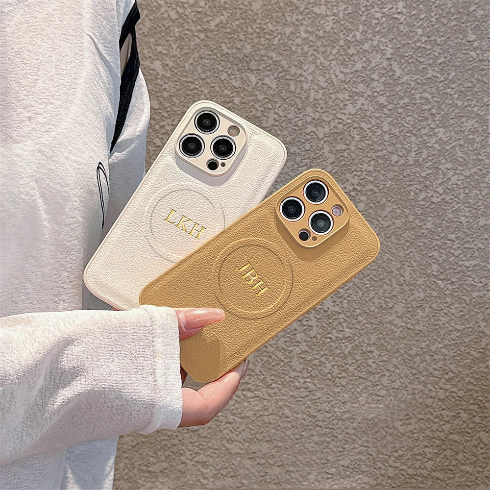 Personalized Case For iPhone11 12 13 14 15 16 17 18 Pro Max Customized Initials Name Wireless Charging For Magsafe Leather Cover