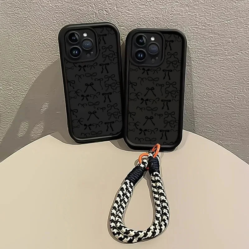 Cute Black Bow Pattern Hang Strap Phone Case For Samsung Galaxy Note 20 S24 S22 S23 S25 S26 Plus S24 FE S23 S24 S25 Ultra Cover