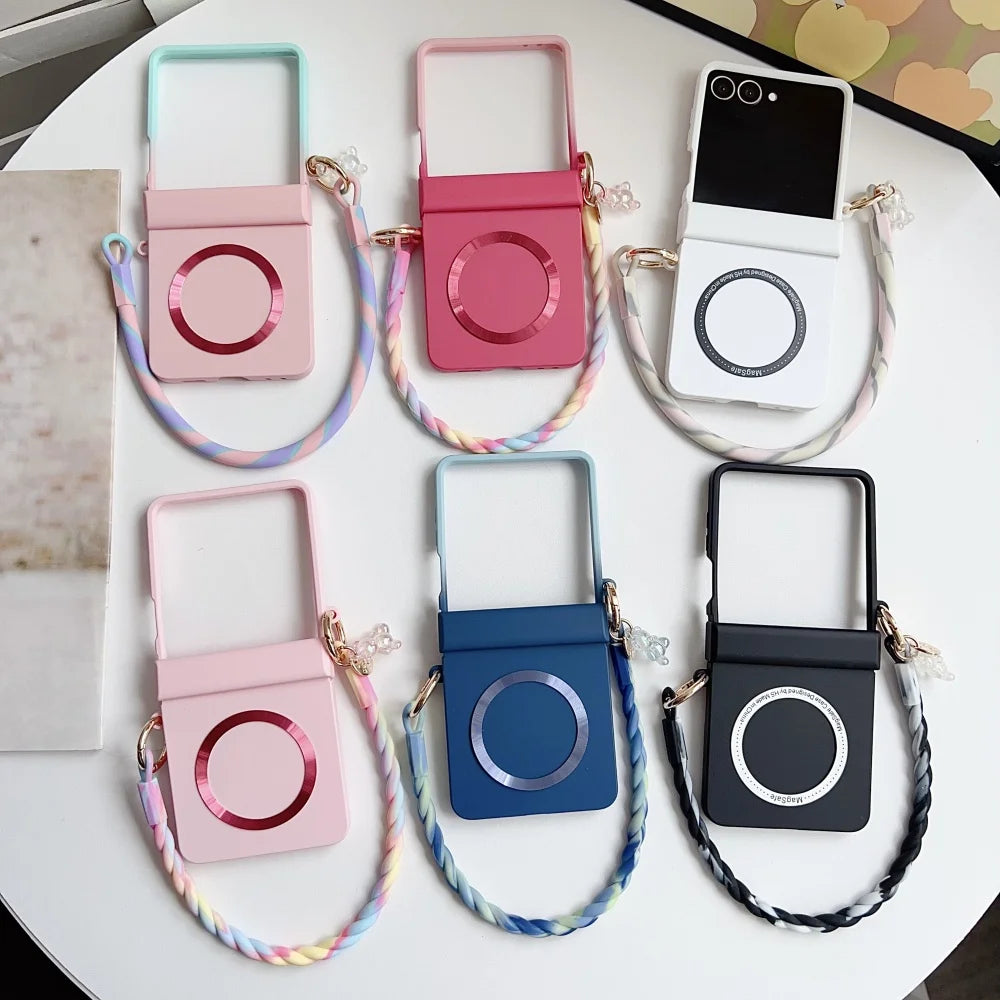 Skin Feeling Wireless Magnetic Lanyard Phone Case For Samsung Galaxy Z Flip 3 4 5 6 7 8 Macaron Gradient Cord PC Hard Shell