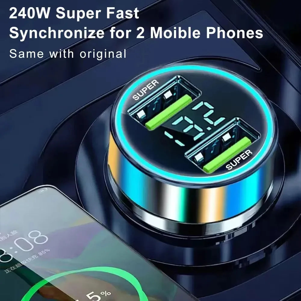 240W Car Charger Fast Charging 2 USB Ports Adapter For IPhone Samsung Xiaomi Quick Charging Chargers With Digital Display