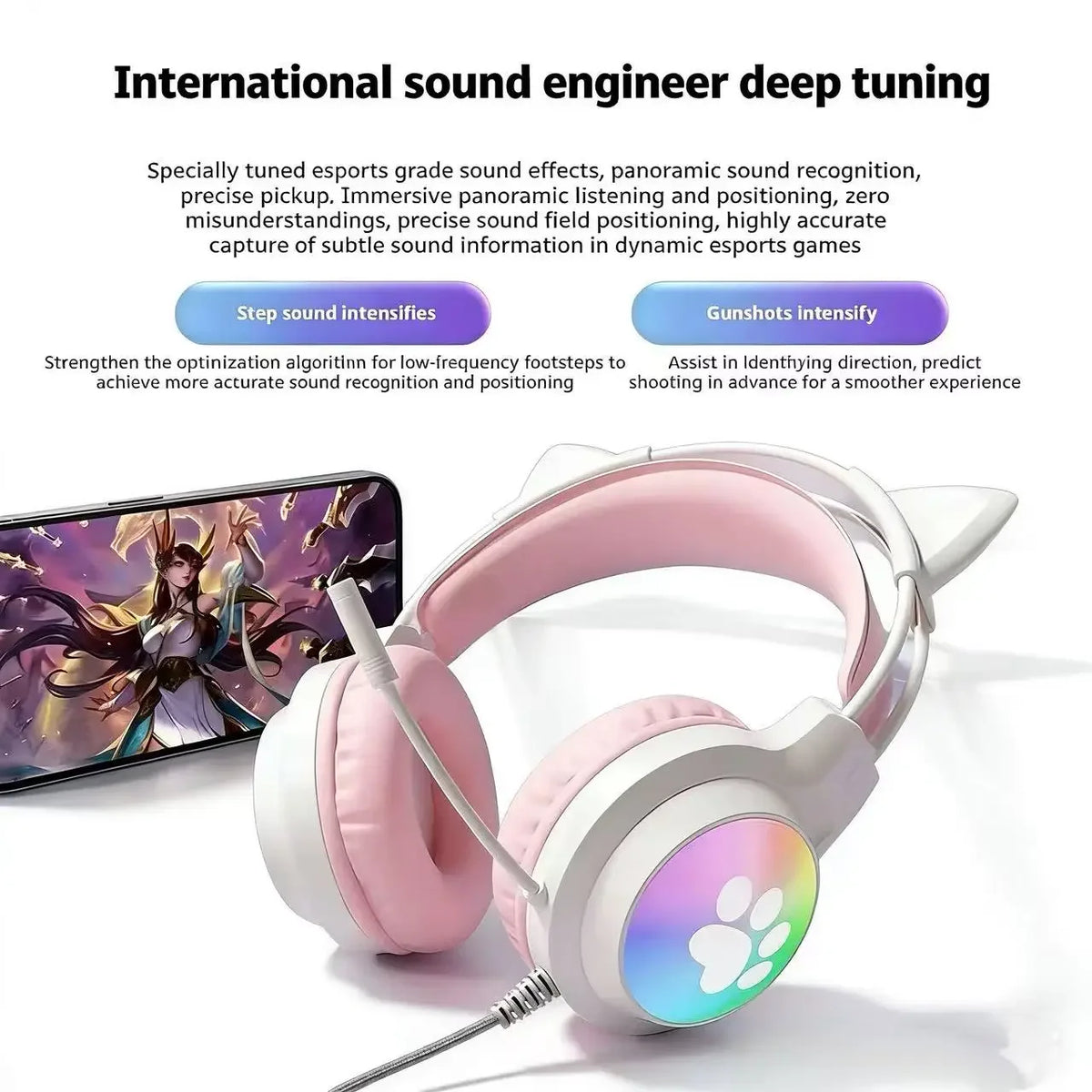 SOYTO Wired Cat Ear Headphones RGB LED Light Up Gaming Headset 3D Deep Bass Stereo Headphones with Mic for PC Laptop Girls