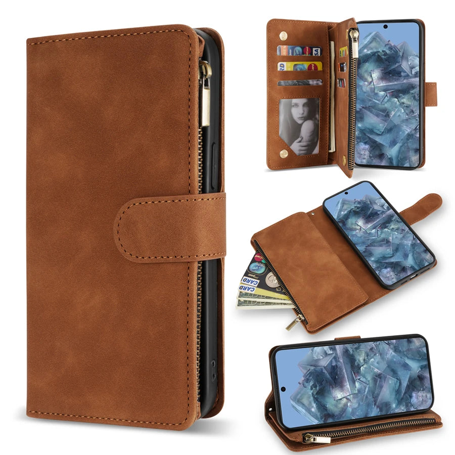 Wallet Multi-card Slot Zipper Magnetic Flip Leather Case For Google Pixel 10 Pro XL 9a 9Pro 8a 8 7Pro 7a 6Pro 6a Cover Shell